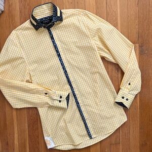 Coogi Luxe Men’s 14.5/15 Yellow Plaid / Blue Satin Trim Luxury Button Down Shirt